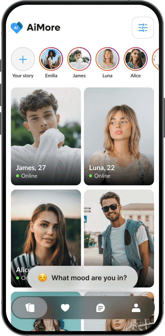 AiMore app match feed showing suggested profiles